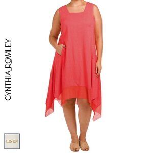 NWT Cynthia Rowley Plus Linen Shark Bite Hem Square neck Pocket Midi Dress